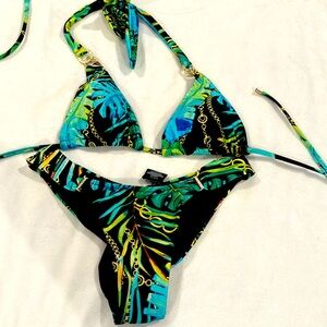 Dolcessa blue and green small bikini with gold bedazzles